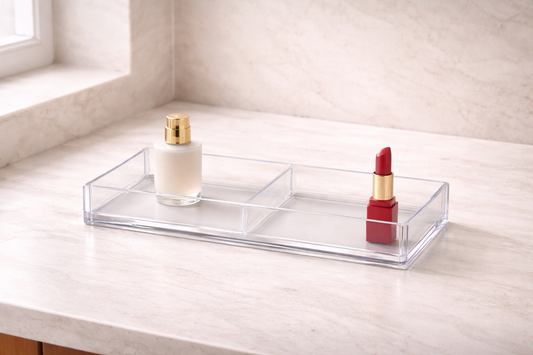 Clear acrylic organizer with two items widely separated in isolated zones, emphasizing object isolation, zero interference, and fast retrieval efficiency.