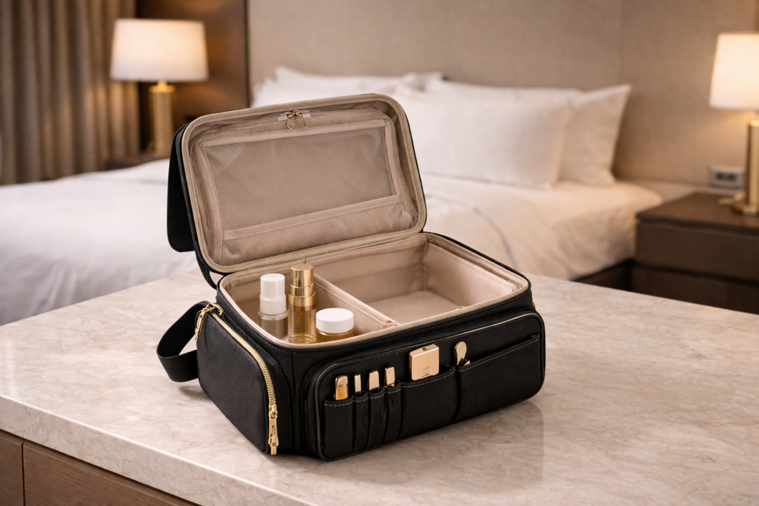 Compact travel beauty organizer arranged neatly on a small hotel counter with minimal items and clear spacing.