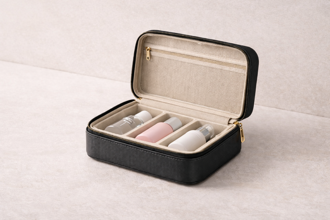 Travel organizer positioned beside a compact sink with structured compartments allowing stable access in limited space