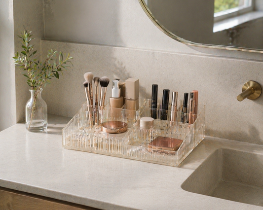 Organize makeup in small vanity spaces with a structured layout that improves efficiency