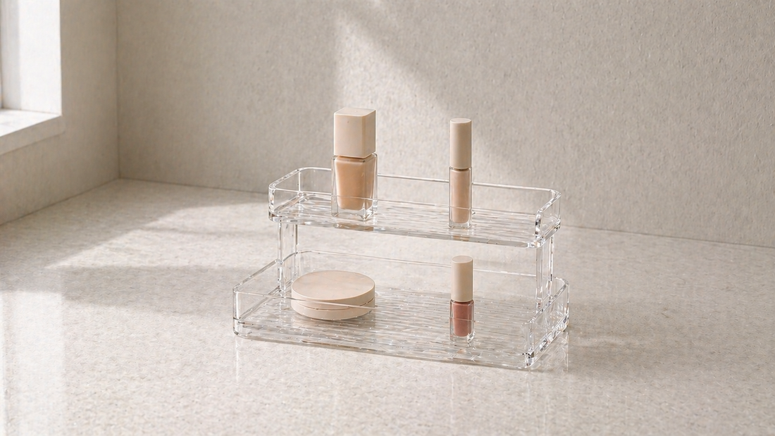 Layered makeup organizer separating daily and backup items.
