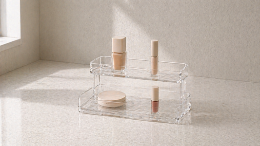 Layered makeup organizer separating daily and backup items.
