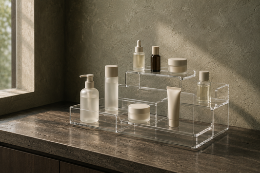 Layered skincare organizer with separated product categories.