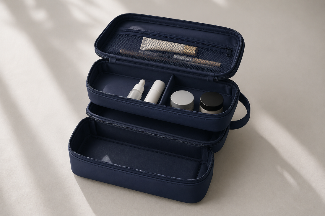 Layered travel beauty organizer with separated product types for clear organization