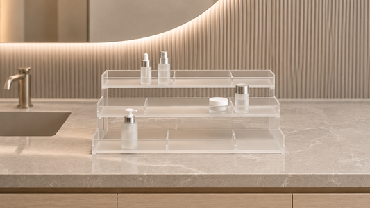 Layered bathroom vanity organizer with separated skincare categories and open spacing.