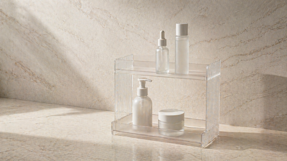 Layered vanity storage separating daily items and backup products clearly.