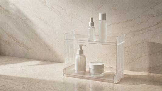Layered vanity storage separating daily items and backup products clearly.