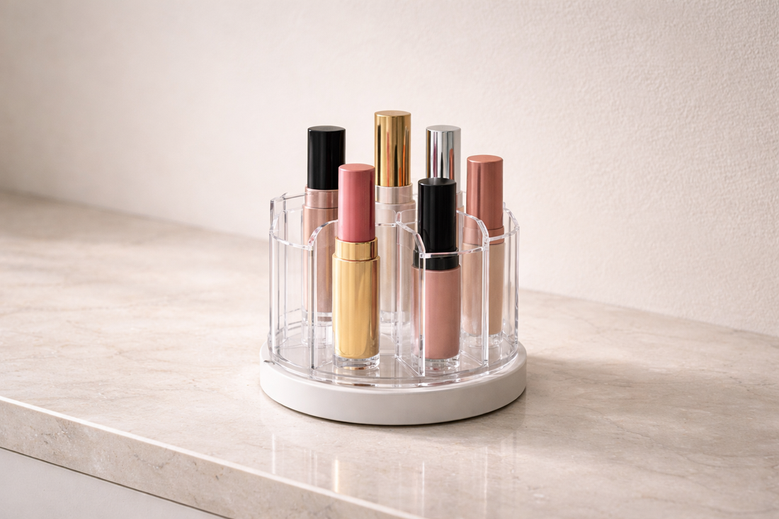 Rotating lipstick tower with evenly spaced vertical slots showing multiple shades for easy selection.