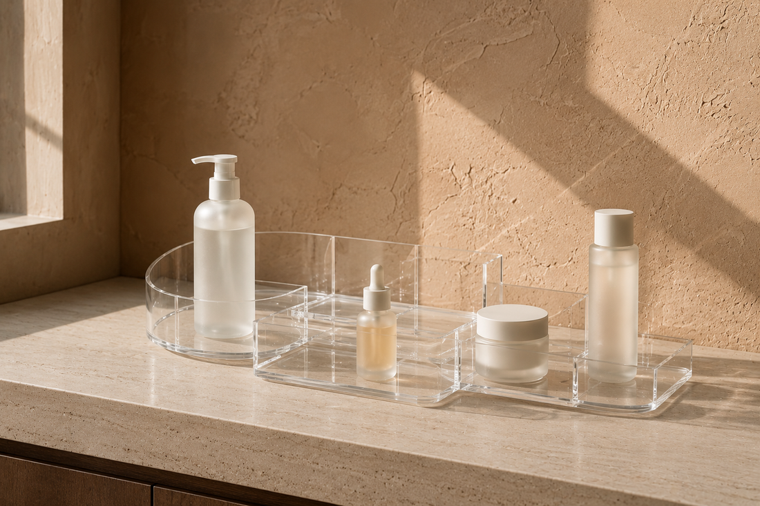 Low density skincare setup with open spacing and minimal clutter.