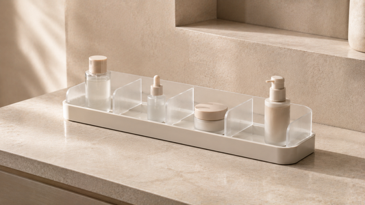 Skincare organizer with low density bottle spacing and stable separated compartments.