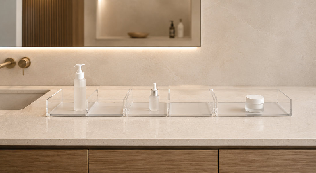 Bathroom vanity organizer with open spacing and low-density skincare placement.
