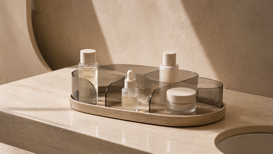 Bathroom vanity organizer with low density skincare spacing and stable separated compartments.
