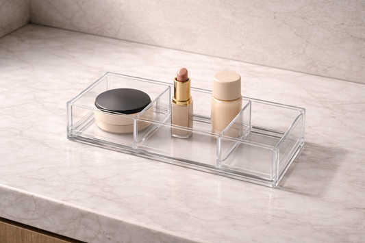 Makeup items placed in separate compartments with one empty section showing direct single-step access and clear spacing