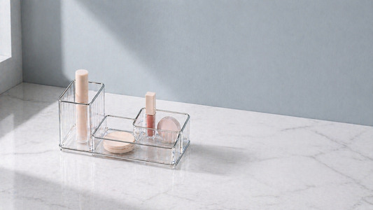 Makeup organizer with consistent placement and spacing.