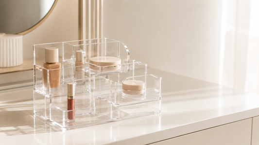 Makeup organizer reducing countertop clutter with structured spacing and separated sections.