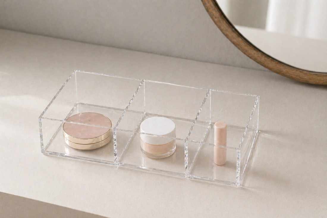 Structured makeup organizer reducing routine friction.