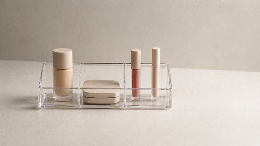 Makeup organizer grouping frequently used items.