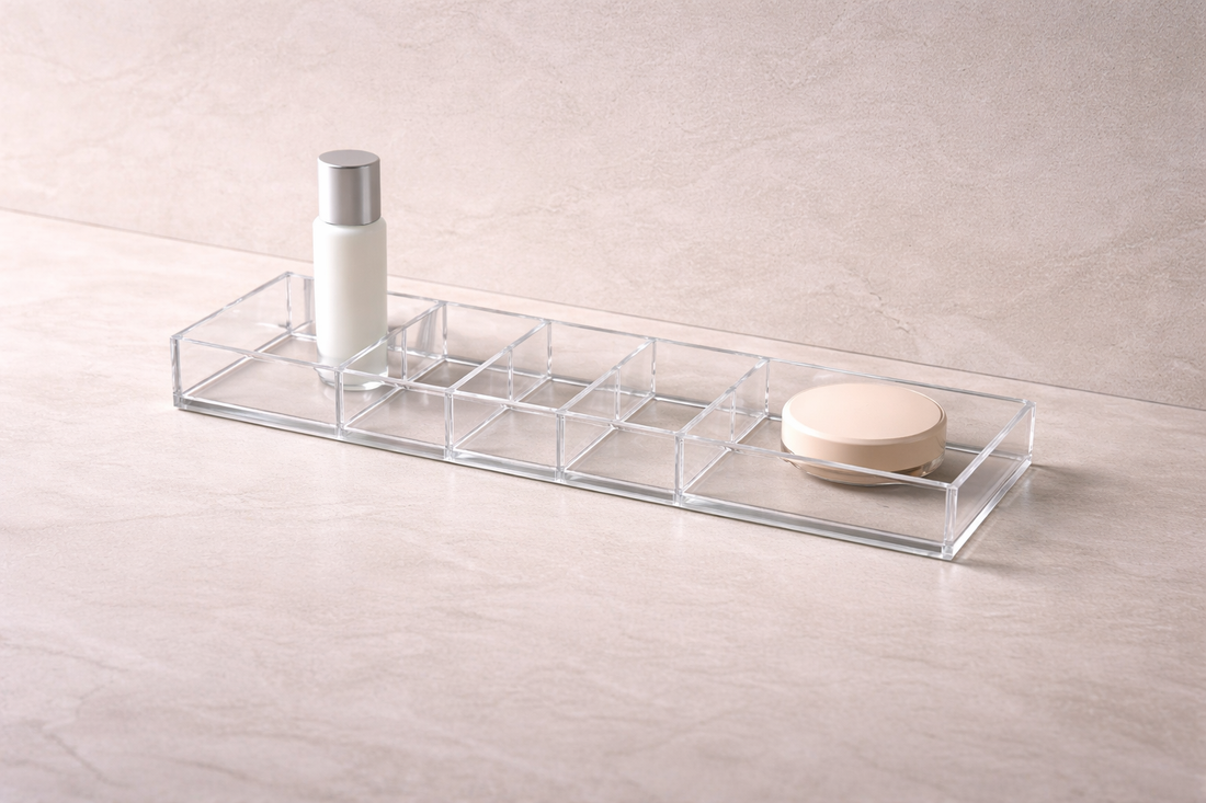 Exactly two items in a premium transparent drawer emphasizing visual clarity and efficient grouping for speed.