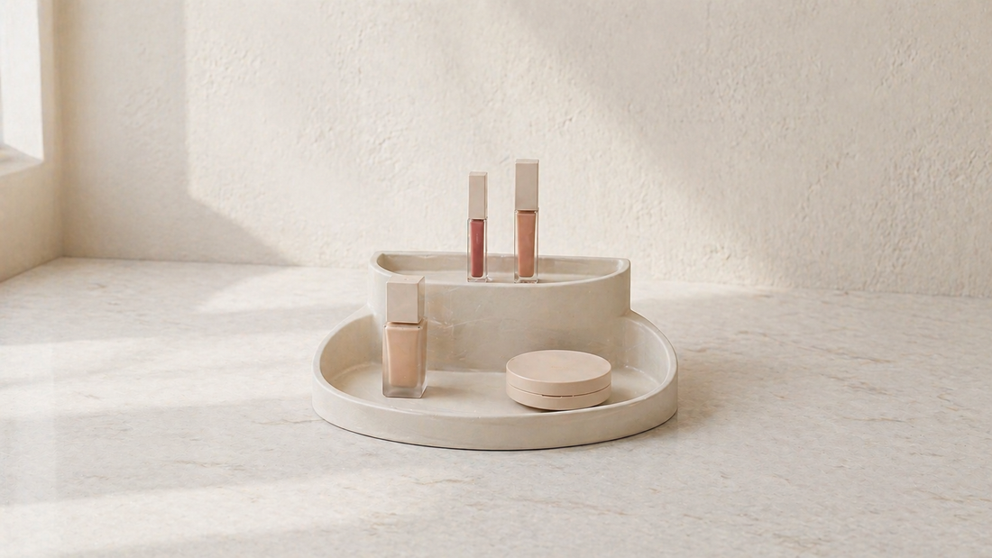 Makeup items grouped by usage with clear spacing.