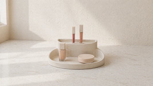 Makeup items grouped by usage with clear spacing.
