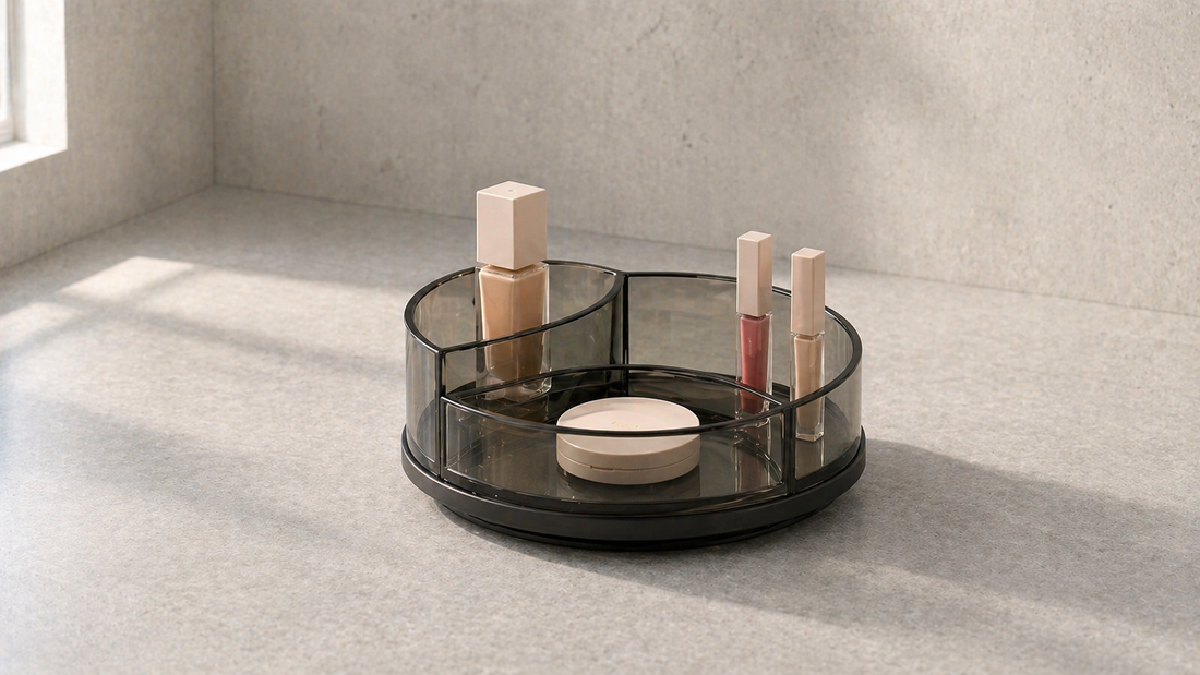 Makeup organizer arranged for easy reach and minimal movement.