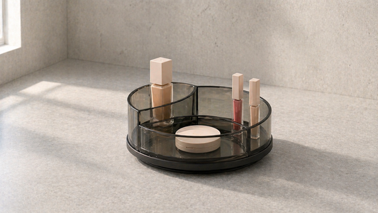 Makeup organizer arranged for easy reach and minimal movement.