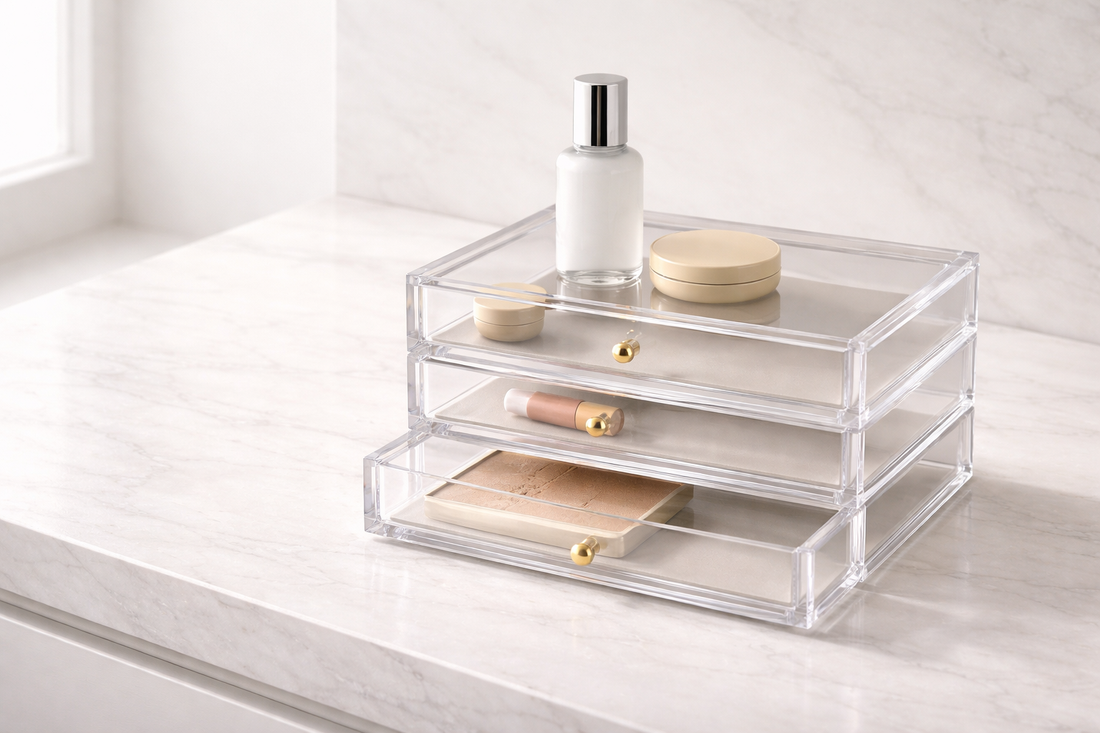 High-end editorial photograph of a premium 4-tier drawer-type acrylic organizer with 75% negative space for high CTR.