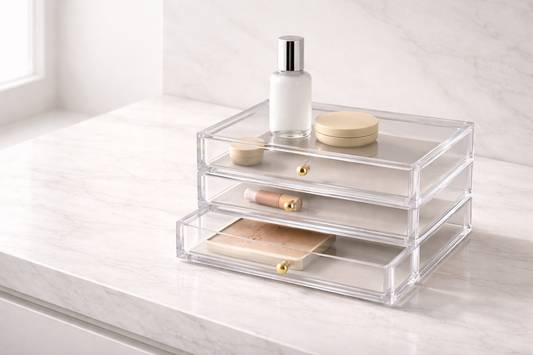 High-end editorial photograph of a premium 4-tier drawer-type acrylic organizer with 75% negative space for high CTR.