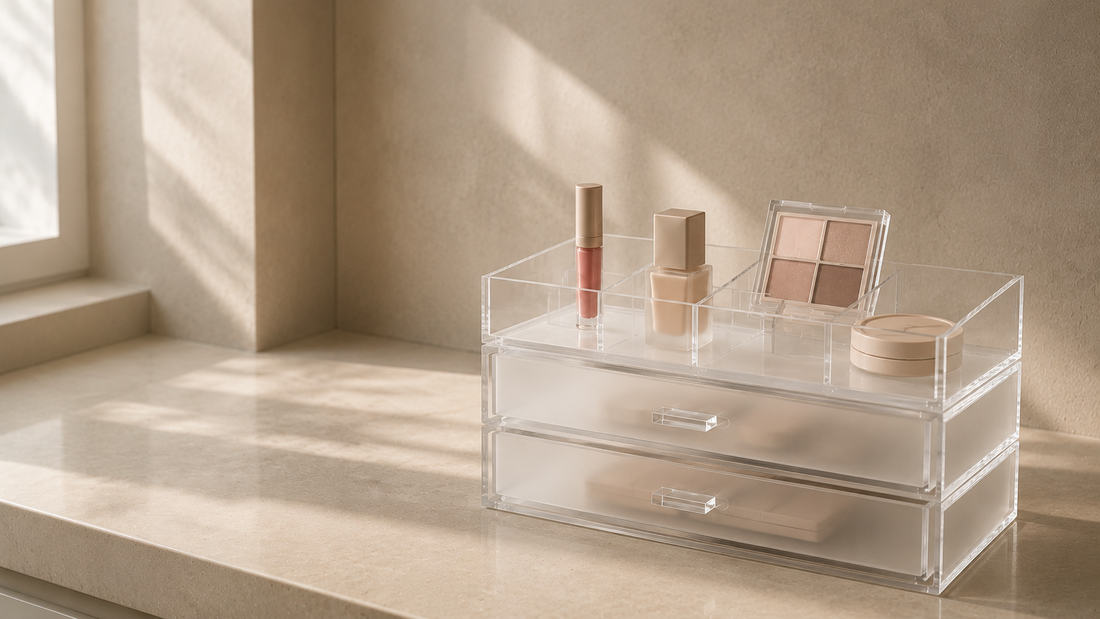 Transparent makeup organizer with separated daily makeup products and balanced open spacing.