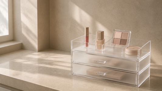 Transparent makeup organizer with separated daily makeup products and balanced open spacing.