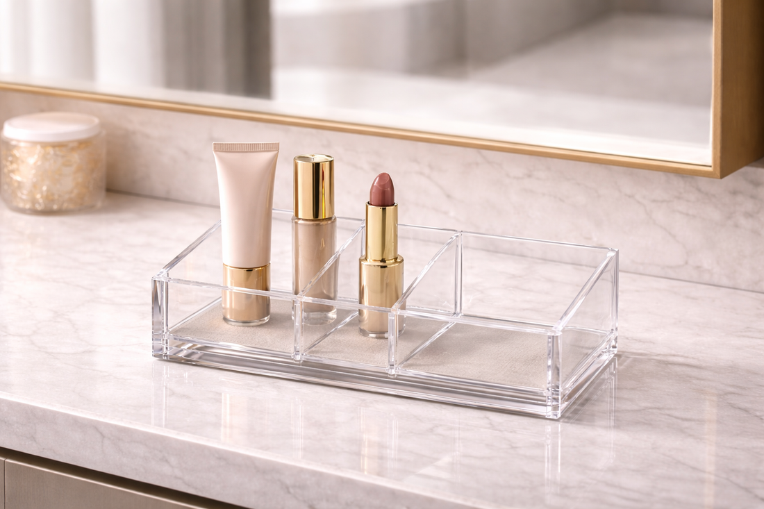 Makeup organizer arranged in a structured layout for quick access routines.
