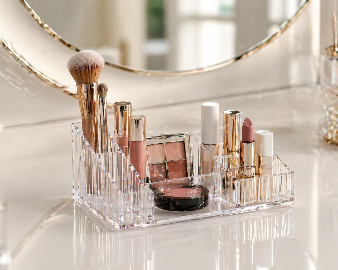 Minimal acrylic makeup organizer with 2–3 items arranged for quick daily access and efficient routine flow.
