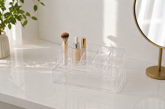 acrylic makeup organizer with 3 items arranged in separated compartments with visible empty space for small space layout efficiency
