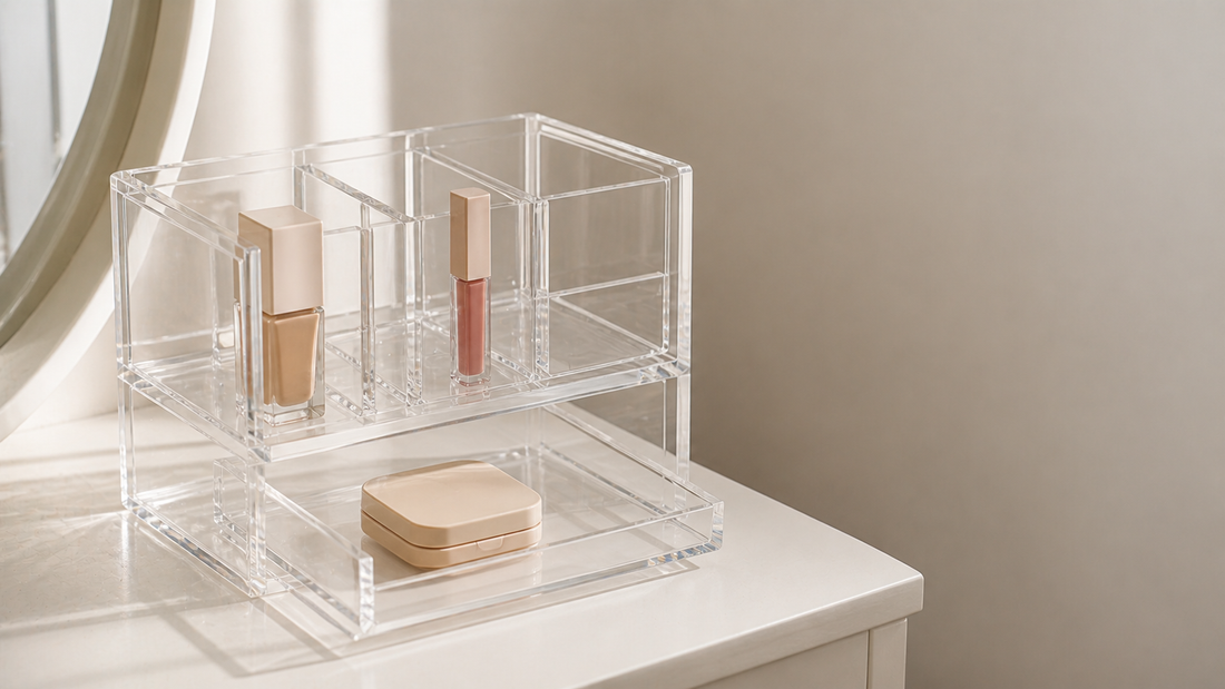 Clear makeup organizer with three items spaced apart to reduce clutter on a small vanity
