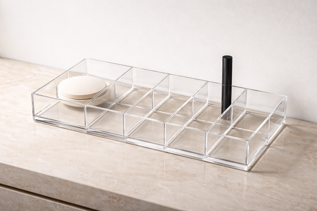 Premium clear acrylic makeup organizer with 70% negative space, showing strategic placement for fast visual recognition.