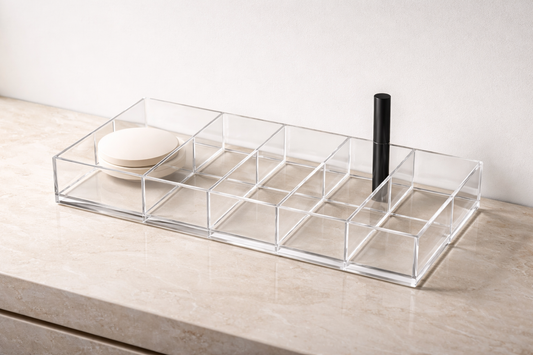 Premium clear acrylic makeup organizer with 70% negative space, showing strategic placement for fast visual recognition.