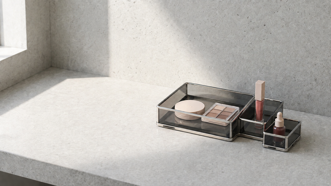 Makeup organizer arranged to reduce daily routine time.
