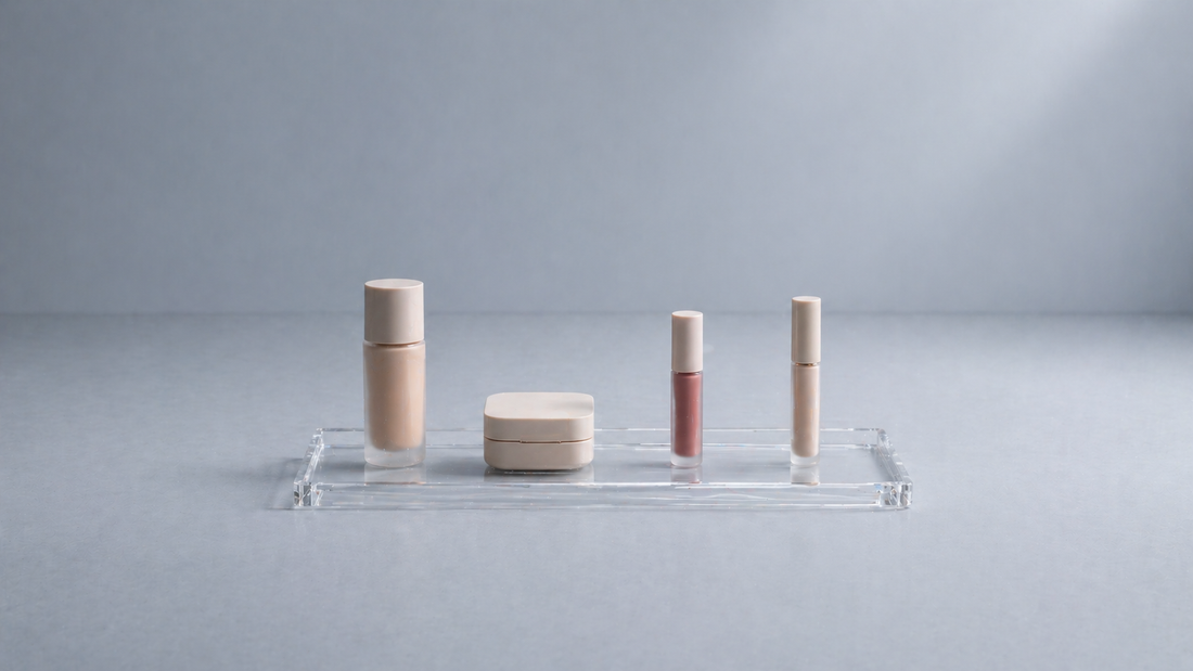 Makeup products spaced evenly in an organizer.
