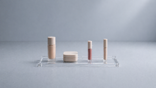 Makeup products spaced evenly in an organizer.