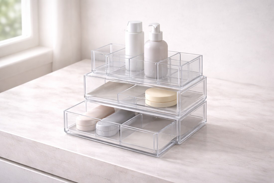 Strategic empty space between products in a clear acrylic drawer to maximize visual scanning speed and recognition.