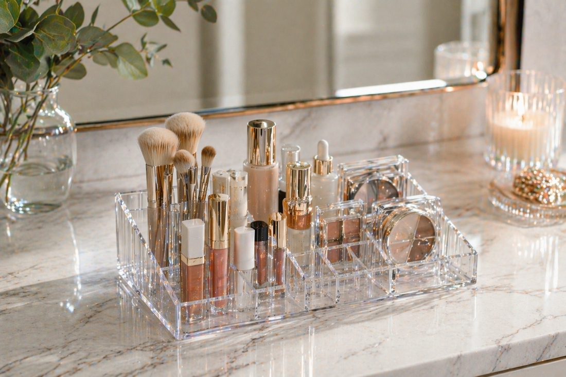 Acrylic organizer arranged to reduce friction in daily makeup routines