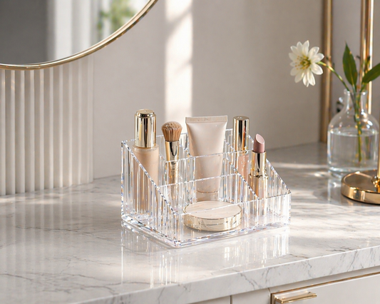 Clear acrylic makeup organizer with 2–4 items arranged in a compact layout to optimize small surface efficiency.