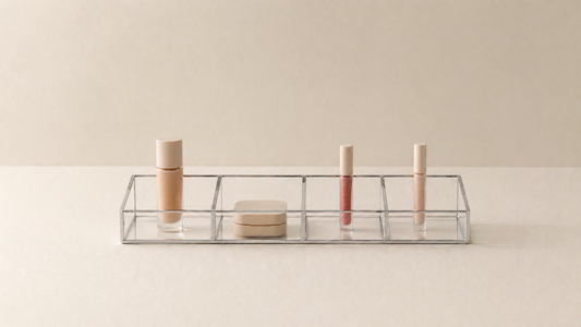 Makeup organizer with structured zones and consistent placement.