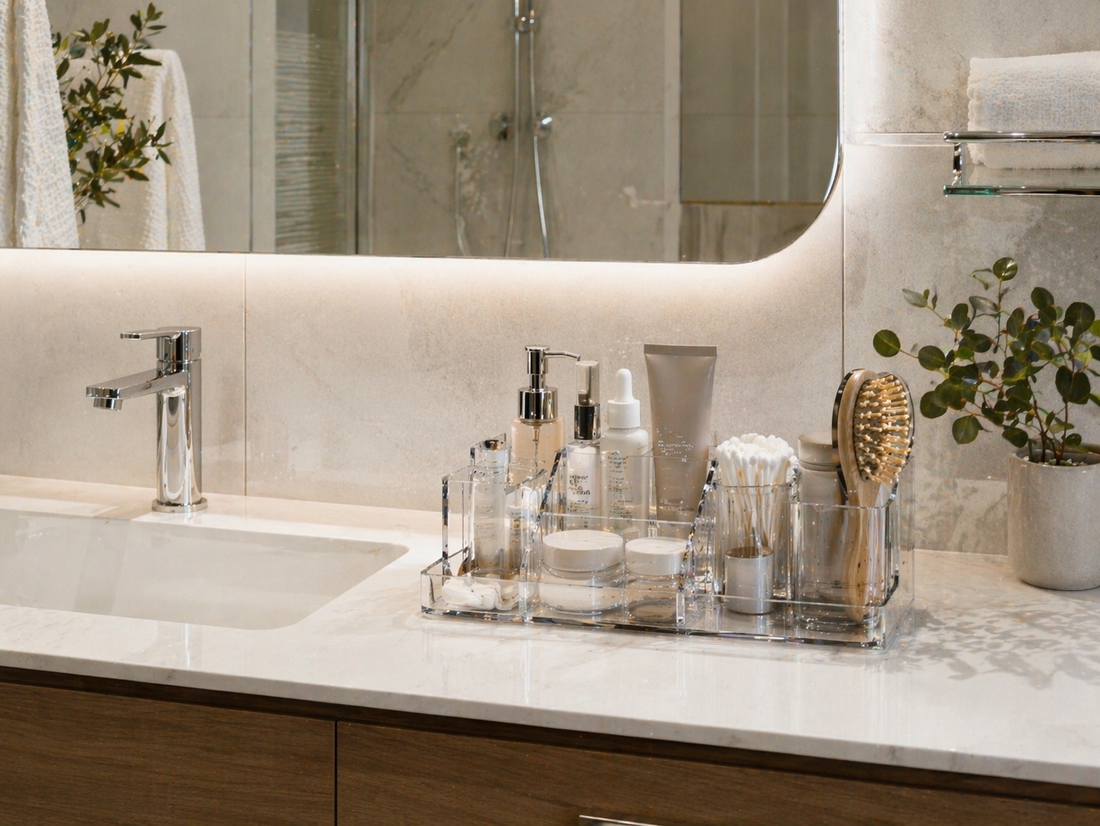 Small bathroom vanity with organized storage layout maintaining a clean and structured surface.