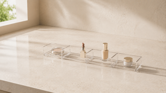 Minimal makeup organizer with open spacing and reduced product clutter.