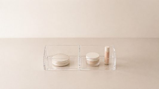 Minimal makeup organizer with low item density and clear spacing.