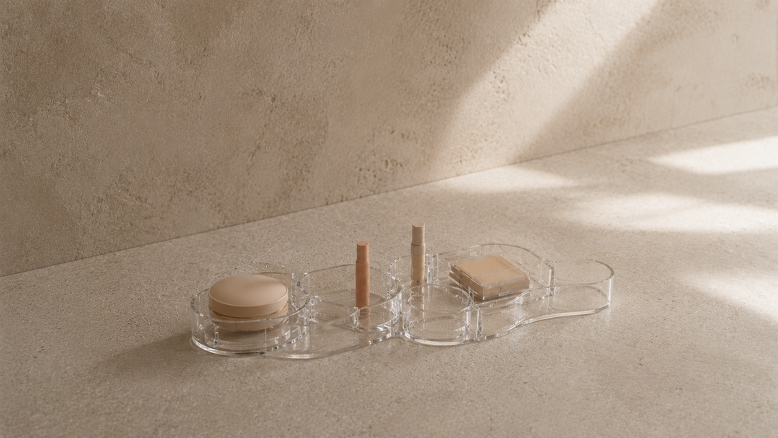 Minimal makeup organizer with calm spacing and consistent daily placement.