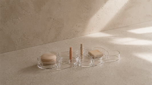 Minimal makeup organizer with calm spacing and consistent daily placement.