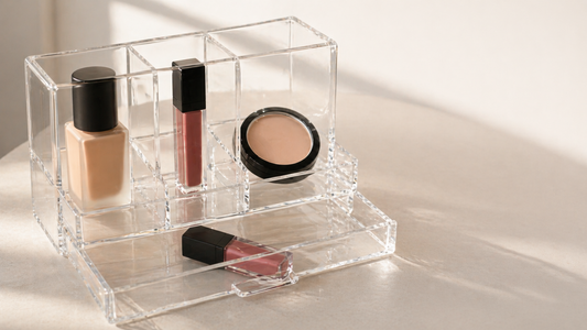 Minimal makeup organizer setup with three essential items for faster daily routines