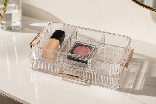 Minimal makeup organizer with two items arranged in a structured vanity layout.